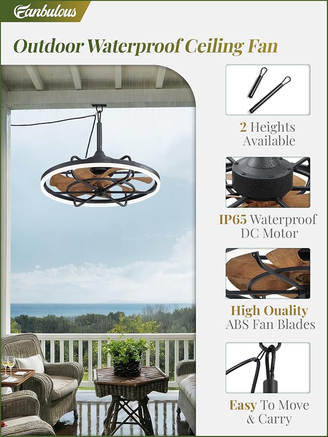 Fanbulous Outdoor Ceiling Fans with Light for Patios, 24" Weatherproof Plug in Ceiling Fan, Gazebo Fan Remote&APP Control, 3CCT Dimmable, Caged Ceiling Fan with Hanging Hook for Porch, Pergola, Canopy