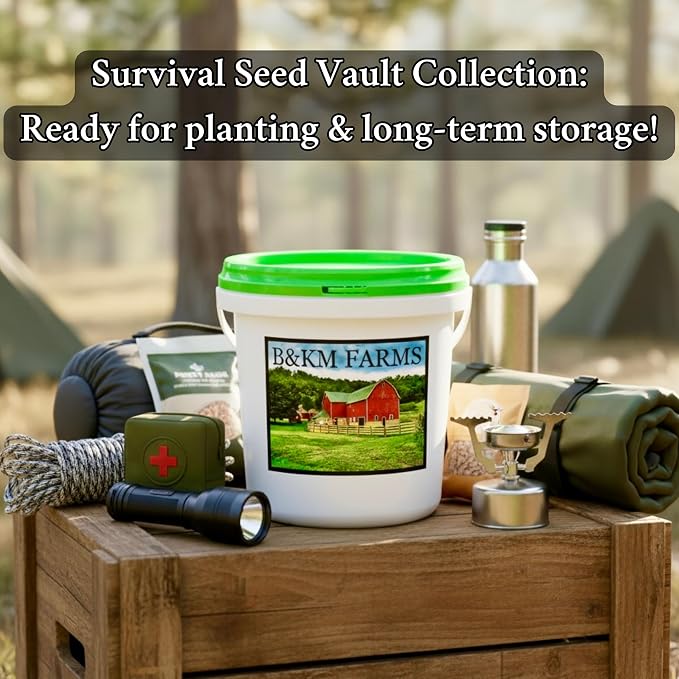 B&KM Farms 100,000+ Heirloom Survival Seed Kit | 50+ Non-GMO Vegetable & Fruit Varieties | 100 Seed Packets | 5-15 Year Food Storage | Weatherproof Bucket for A Sustainable, Self-Sufficient Garden