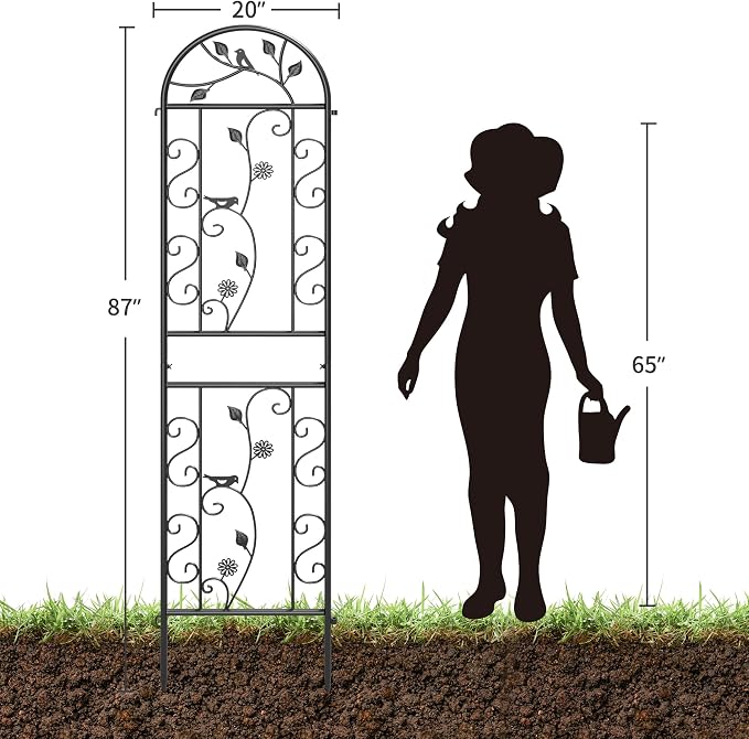 2-Pack 87" x 20" Daisy & Bird Arch Black Metal Garden Trellises | Set of 2 rust-resistant metal trellises with bird, daisy, and scrollwork details, spikes, and support for climbing plants