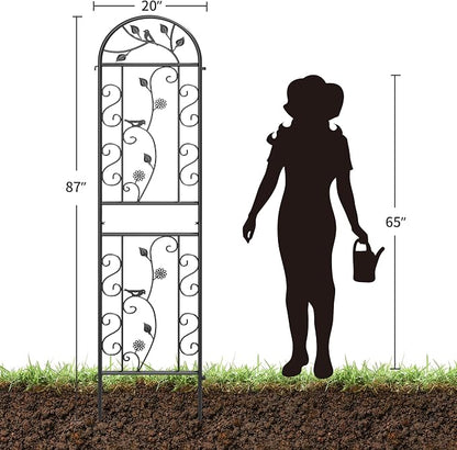 2-Pack 87" x 20" Daisy & Bird Arch Black Metal Garden Trellises | Set of 2 rust-resistant metal trellises with bird, daisy, and scrollwork details, spikes, and support for climbing plants