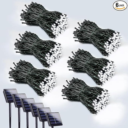 Solar String Lights Outdoor 6 Pack 600 LED Solar Christmas Light Cool White | 8 Lighting Modes, Memory Function, Auto On/Off, 198FT Waterproof Twinkle Lights for Outside Wedding Holiday Party Decorations