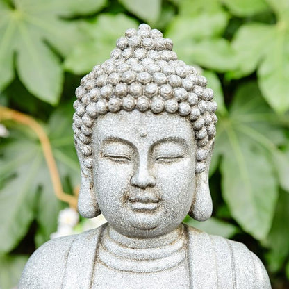 Glitzhome 23.25" Zen Buddha Fountain, Outdoor Water Fountain with LED Light, Polyresin Stone Powder Concrete Finish Meditating Buddha Statue for Garden Patio Yard Deck, 4 Warm LED Lights