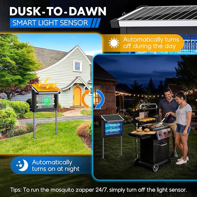 Solar Bug Zapper Outdoor with Projector Lights, Waterproof Mosquito Zapper, 4500V Electric Bug Zapper Indoor with Smart Light Sensor, Mosquito Trap Fly Zapper for Patio Backyard Kitchen RV Camping