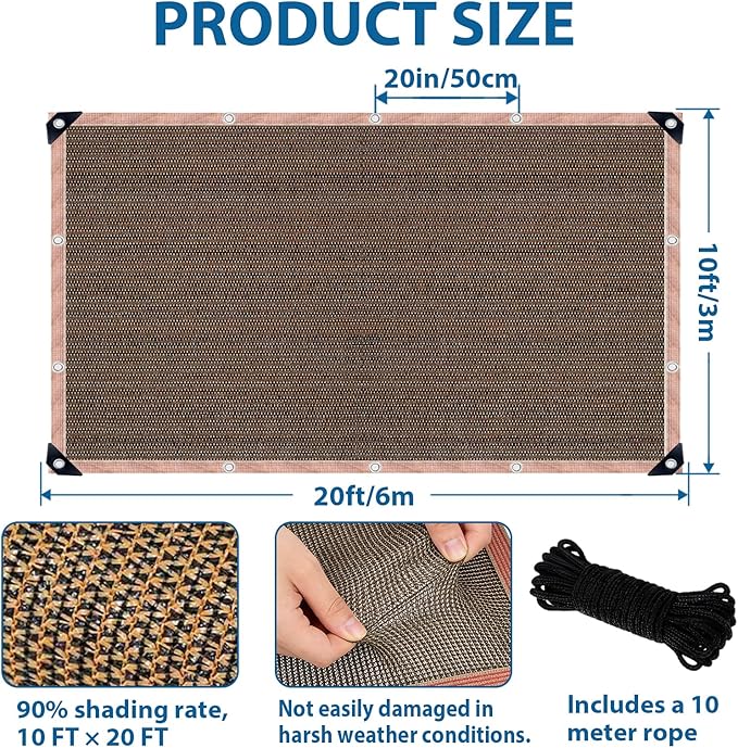 90% Sun Shade Cloth, 10 x 20 FT Pergola Shade Cover Canopy with Grommets, Sun Screen Fabric Tarp for Patio, Outdoor, Garden, Backyard, Mocha