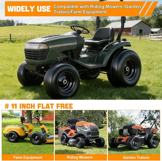 Yesker 11x4.00-5 Flat Free Lawn Mower Tire and Wheel Assembly with 3/4" Bearing Bore, 11x4-5nhs Solid Riding Lawnmower Tires with 3.4" Center Hub, 2 Pack