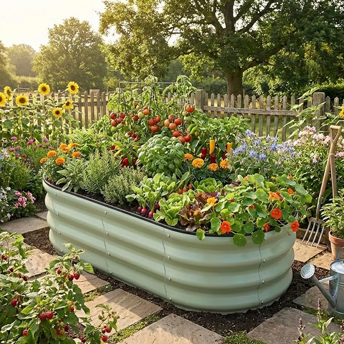 Raised Garden Bed, Metal Planter Box, Oval Shape, Outdoor Planting,Vegetable Flower Herb Planter(1 PCS of 4×2×1 ft, Green Oval)