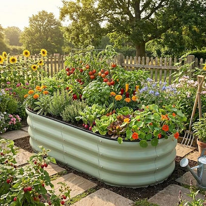 Raised Garden Bed, Metal Planter Box, Oval Shape, Outdoor Planting,Vegetable Flower Herb Planter(1 PCS of 4×2×1 ft, Green Oval)