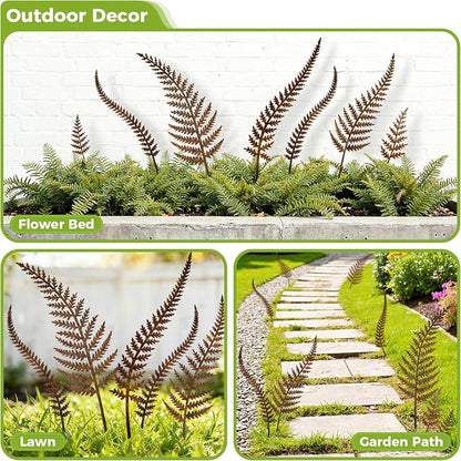 KODIBO 7-Pack Decorative Metal Garden Stakes, Rustic Fern Outdoor Yard Art | Weather-Resistant Metal, Vintage Rust Finish, Mixed Size Fern Stakes, Wall Decor, Yard Ornaments, Gifts for Garden Lovers