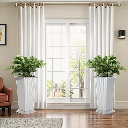 FENCY Set of 2 Tall Planters for Outdoor Plants, White Ribbed | 24 Inch, with Drainage Hole & Trays, Plastic Tapered Pots, Weather-Resistant, Front Door Decor