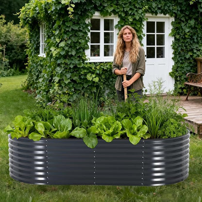 Garvee Galvanized Raised Garden Bed Large Oval Kit with Cover Zippered Screen Doors, Open Base Design, Thick Steel, Easy Assembly, Planter Box for Vegetables, Flowers (Grey, 8x4x2 ft)