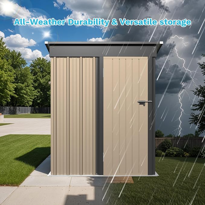 Greesum 5 x 3 FT Metal Outdoor Storage Shed, Brown | Waterproof & Weather Resistant Tool House with Lockable Single Door for Backyard Garden Patio Storage