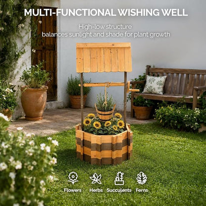 VINGLI Wooden Wishing Well Outdoor Planters, Well Covers for Yard with 4 Reinforced Rods, Height Adjustable Hanging Bucket, Rustic Flower Pot Decor for Outside Patio Garden (Two-Tone, 25" Width)