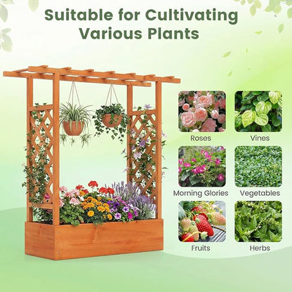 Giantex Wooden Raised Garden Bed with Trellis & Hanging Roof, 2 Pack Fir Wood Planter Box, 45" Freestanding Elevated Garden Bed for Outdoor Climbing Plants Vegetables Flowers, Patio & Balcony, Orange