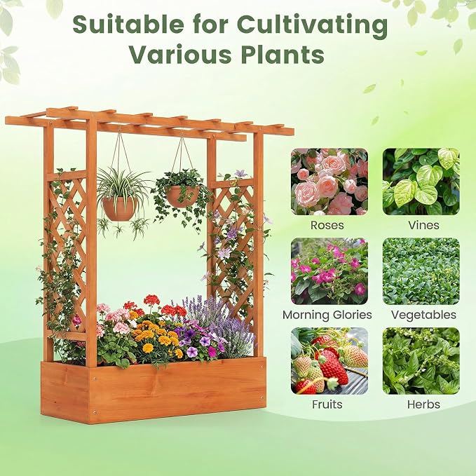 Giantex Wooden Raised Garden Bed with Trellis & Hanging Roof, Fir Wood Planter Box, 45" Freestanding Elevated Garden Bed for Outdoor Climbing Plants Vegetables Flowers, Patio & Balcony, Orange
