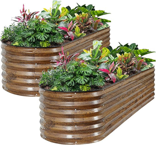 Galvanized Raised Garden Bed Outdoor- 2PCS 8x2x1.4ft Oval Steel Raised Beds for Gardening, Metal Planter Box with Protective Strip and Gloves for Vegetables, Flowers, Fruits (Brown)