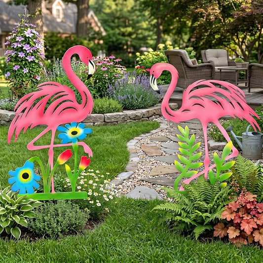 2 Pack Pink Flamingo Garden Statue - 20.5 inch Hand Flamingo Painted Metal Patio Art, Outdoor Decorative Stake Flamingo Statue for Lawn, Patio, Porch and Backyard, Gifts for Ladies (A Style 2 Pack)