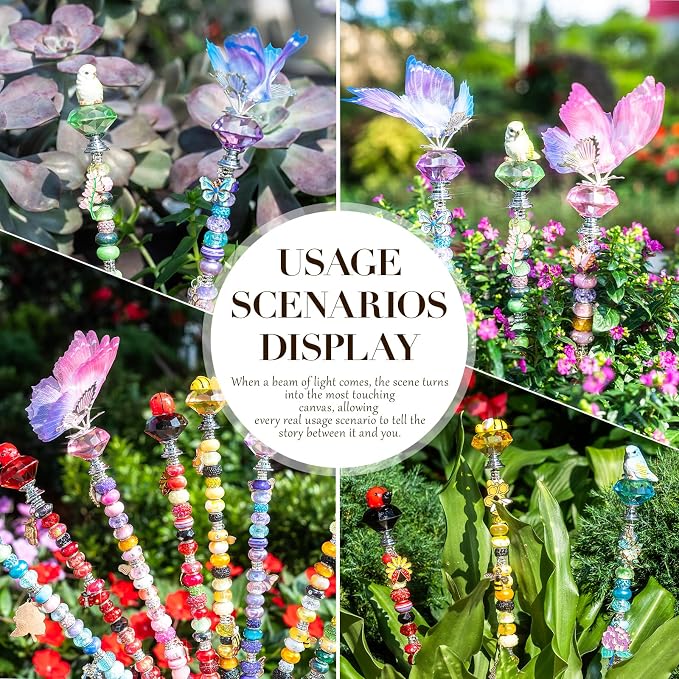 264Pcs Beaded Garden Stakes with Cute Animal- Bee, Ladybug, Bird & Butterfly Fairy Wand Kit,12in Threaded Rods for Spring Garden Outdoor&Indoor Decorations
