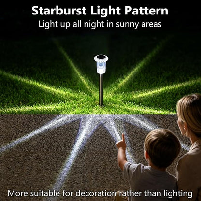 DenicMic Solar Pathway Lights Outdoor Waterproof Cold White LED 15 Pack | Yard Garden Driveway Walkway Landscape Path Lights, Starburst Pattern, Acrylic Diamond-like Lampshade Stainless Steel Pole