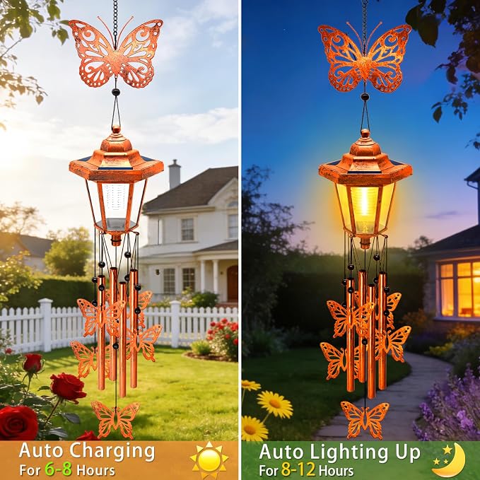Butterfly Solar Wind Chimes for Outside, Birthday Gifts for Mom Women Grandma Mother's Day Memorial, 34-Inch Windchimes with Wind Spinner, Outdoor Hanging Solar Lights Waterproof Yard Garden Decor