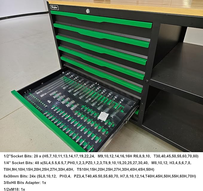 7-Drawers Professional Tool Cart Cabinet,Rolling Tool Chest with Double Shelves,Wood Workbench,51.1W x 18.9D x 32.3H inches for Garage, Workshop, or Outdoor Use(7 Drawers + 258 Pieces Tool)