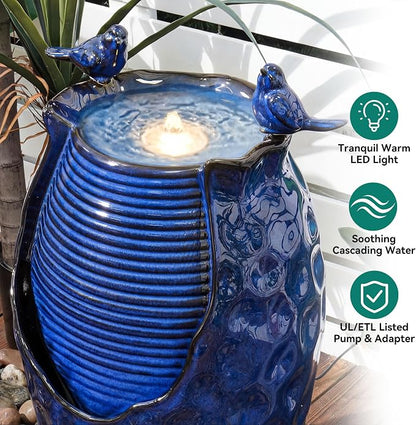 Autodaya 25" Ceramic Outdoor Fountain, Honeycomb Jar Design with LED | Bird-Friendly Decorative Garden Water Feature with ambiant lighting, Soothing Trickling Waterfall for Patio Backyard Oasis
