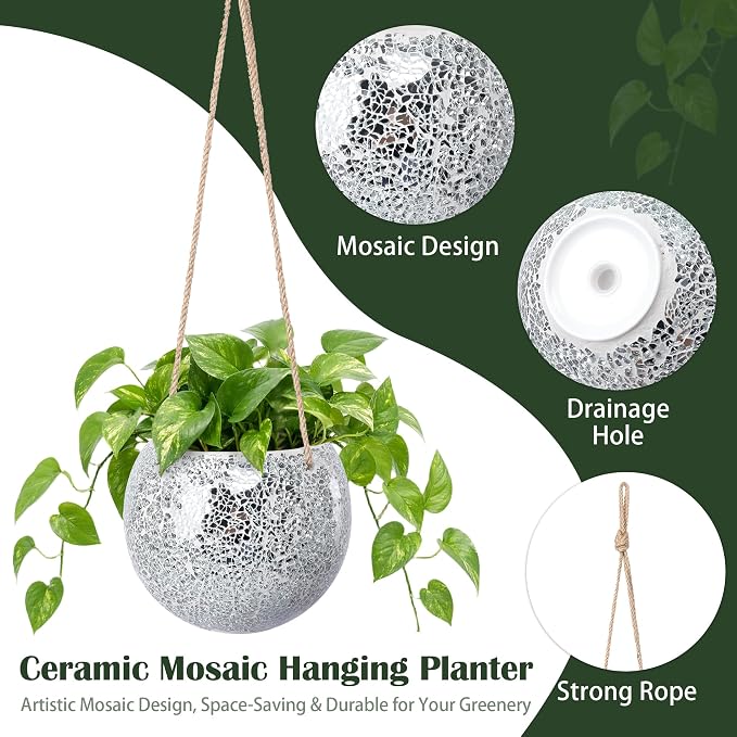 Hanging Planter Mosaic Garden Pot Small Flower Pot for Indoor Plant Disco Ball Hanging Planter with Drainage Sliver