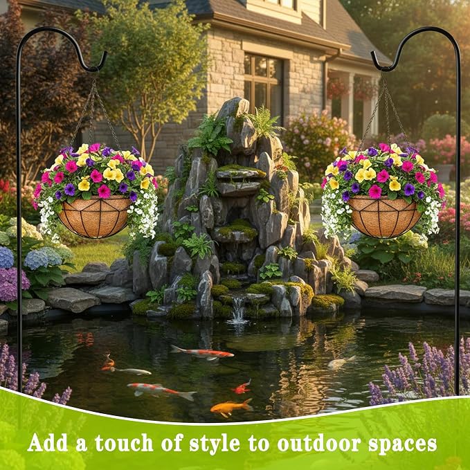 4 Pack 12 Inch Black Wire Hanging Planter with Coir Fiber Outdoor Round Hanging Basket with Metal Chain for Balcony Porch Farmhouse Country Style Garden Decor (Geometric)