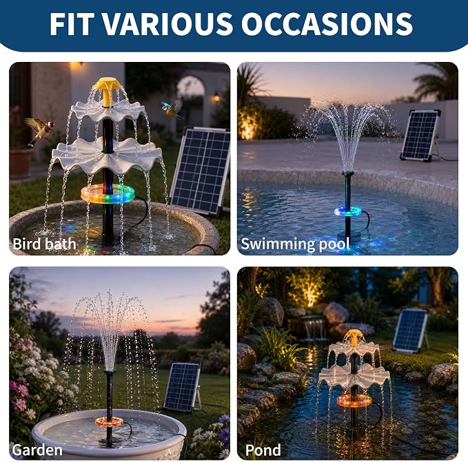 Yeomi 6W Solar Fountain Pump, Independent Solar Panel Water Fountain with 2 Spray Modes & 3 Nozzles, Built-in Filter for Garden, Patio, Pond Decoration