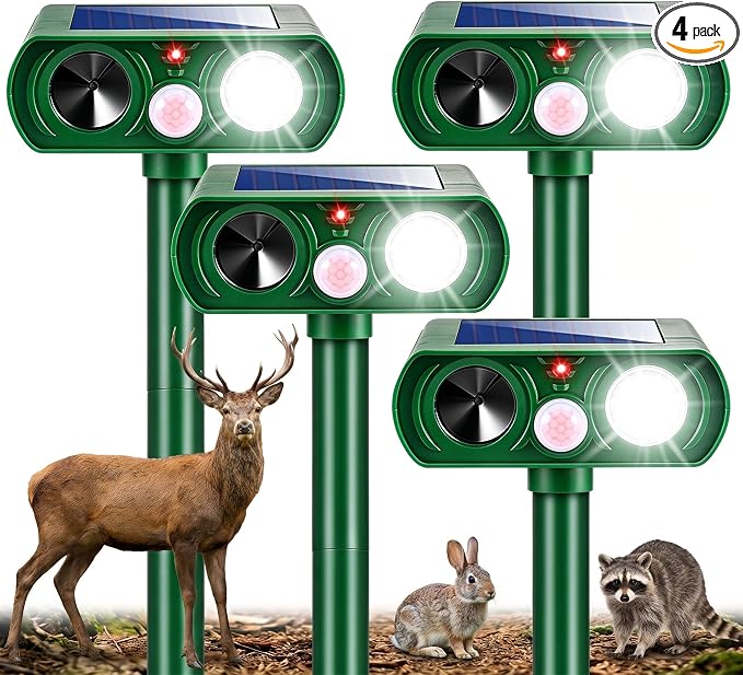 4Pack Ultrasonic Deer Repellent for Plants Solar Animal Repellent Outdoor with Motion Sensor Strobe Light for Rabbit Cat Deterrent Raccoon Squirrel Fortress Pro Keep Pests Out of Yard Farm