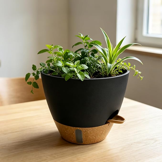 12"/10"/9"/8" Self Watering Pots with Visual Water Window,Extra Large Self Watering Plant Pots with Drainage Holes & Saucers,Black Planters for Indoor Plants,4-Pack