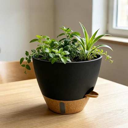 12"/10"/9"/8" Self Watering Pots with Visual Water Window,Extra Large Self Watering Plant Pots with Drainage Holes & Saucers,Black Planters for Indoor Plants,4-Pack