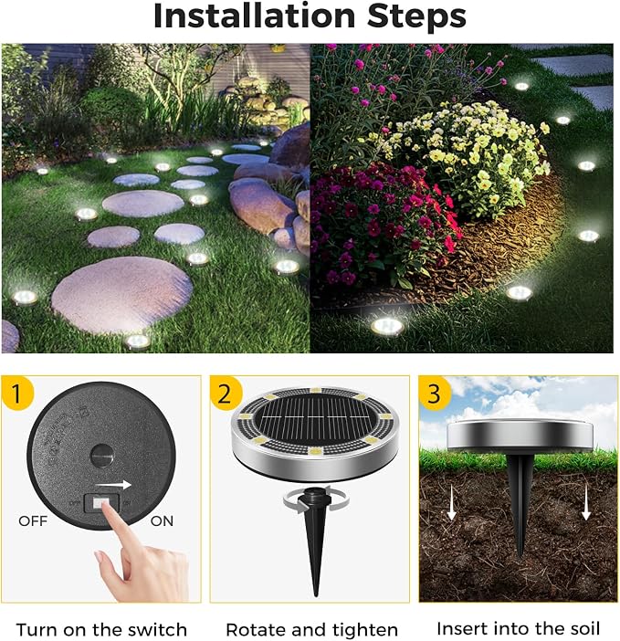 2 Pack Solar Ground Lights Outdoor, 8 LED Mini Flat Solar Disc Lights, IP65 Waterproof Pathway Lights Solar Powered, Landscape Lighting for Garden Walkway Driveway Yard Lawn,Warm White