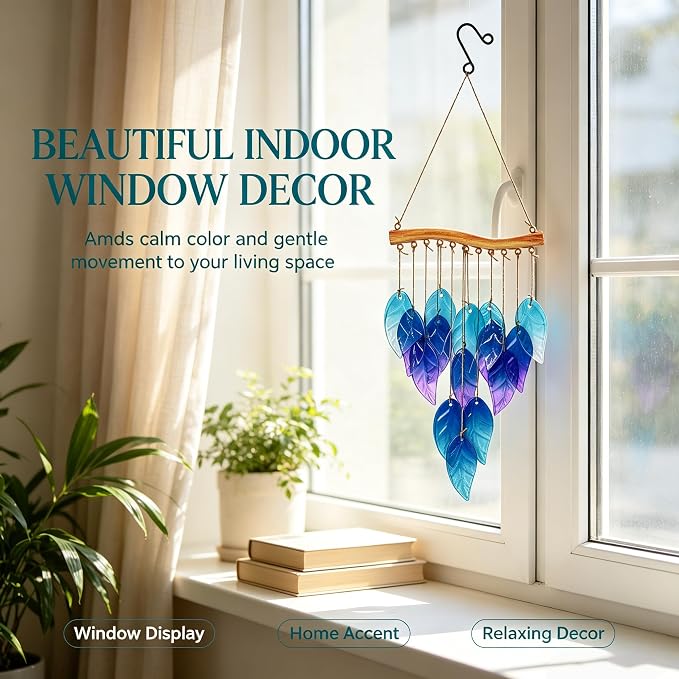 Wind Chimes Blue Glass Leaves, Garden Wind Chime for Home, Party, Festival Decor, Glass Garden Patio Yard Porch Decoration Indoor/Outside, Lifelike Leaf Style