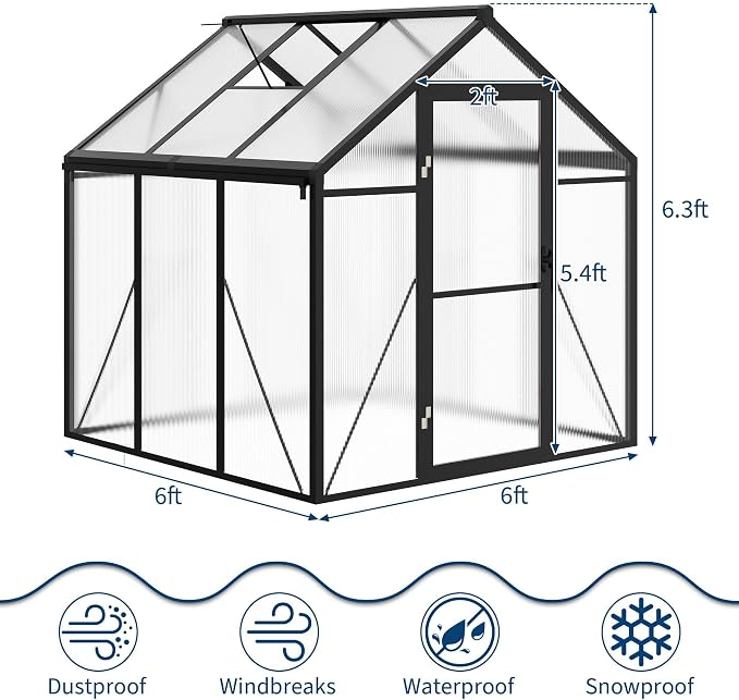 6x6 FT Greenhouse for Outdoors, Polycarbonate Greenhouse with Aluminum Frame, Lockable Door, Adjustable Roof Vent and Rain Gutter, for Backyard, Garden, Patio