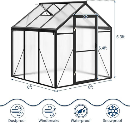 6x6 FT Greenhouse for Outdoors, Polycarbonate Greenhouse with Aluminum Frame, Lockable Door, Adjustable Roof Vent and Rain Gutter, for Backyard, Garden, Patio