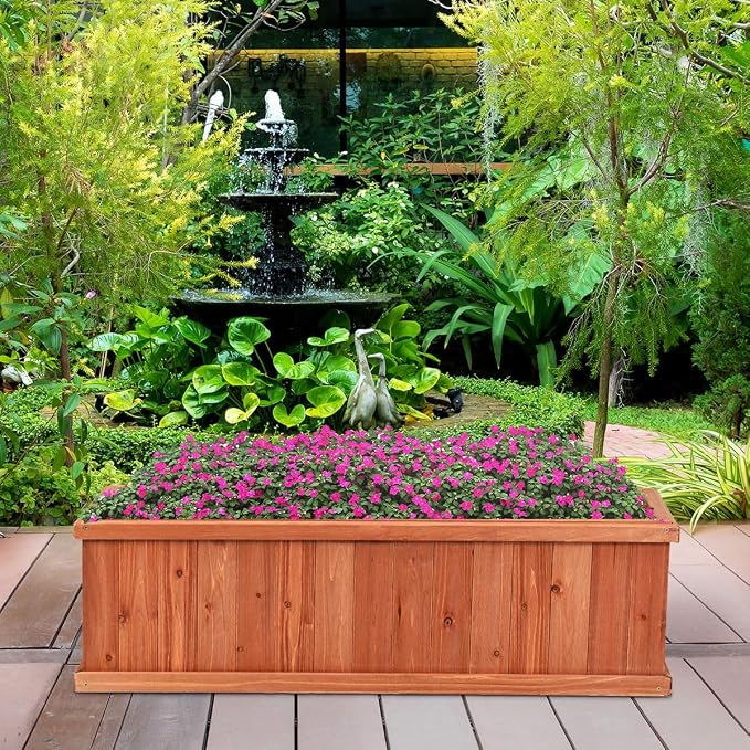 LDAILY Raised Garden Bed, Outdoor Rectangle Flower Beds with Bottom Panels & 2 Drainage Holes, Wood Planter Box for Flowers/Vegetables/Fruits in Backyard Patio (40" L x 12’’ W x 12’’ H)