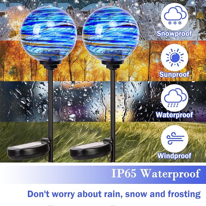 Solar Outdoor Decorative Lights Color Swirl Garden Stake Glaze Glass LED Globe Lights for Pathway Yard Lawn Decoration - 2 Pack Blue