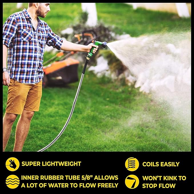 Bionic Steel Pro 25 FT Garden Hose with Nozzle, 304 Stainless Steel Metal WaterHose 25Ft, Flexible, Kink Free, Lightweight and Durable, Crush Resistant Fitting, 500 PSI 2025 Model (Pack of 4)