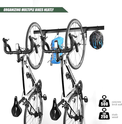 Wall 2/3/4 Bike rack, Fits Max 3 Inch for Mountain Bike eBike, 110 lbs Weight Capacity, with Helmet Hook, Modular Hook Track Design Heavy duty Wall mount Bicycle Hanger for Garage Storage