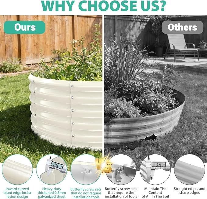 YSEJOMP 17" Tall 40" Diameter Round Raised Garden Bed Kits Outdoor White | 1.5 FT Tall,3.3FT Planter Bed for Flowers,Herbs,Vegetables,Trees,0.8MM Thick Galvanized Metal Painted,with Gloves,Tool free