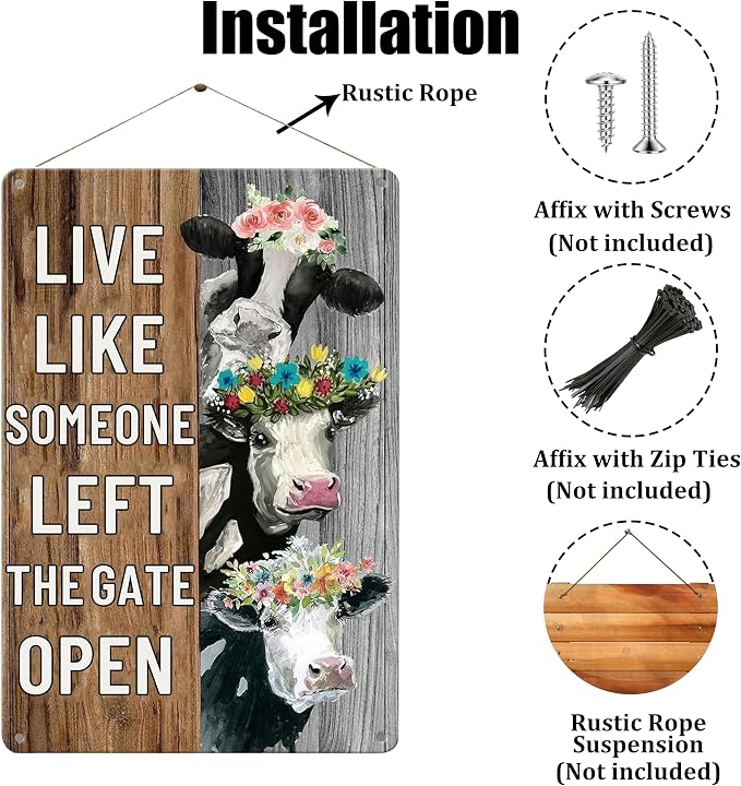Funny Vintage Farm Decor Sign Cow Live Like Someone Left The Gate Open Tin Sign for Home Farm Fence Kitchen Bathroom Wall Decor 8x12 Inches