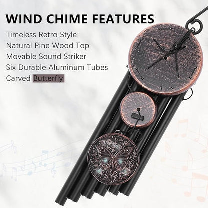 Butterfly Wind Chime for Outside – Vintage Copper 3D Embossed Butterfly Wind Catcher Deep Tone, Resin Medallion Garden Outdoor Hanging Décor Ornament, Gifts with Card Box for Women Men