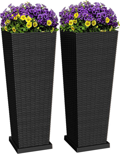 Greesum 32 Inch Tall Plastic Planters with Detachable Inner Pot & Drainage Holes (Set of 2), Extra Large Outdoor Flower Pots for Large Plants, Trees, Patio, and Garden, Black