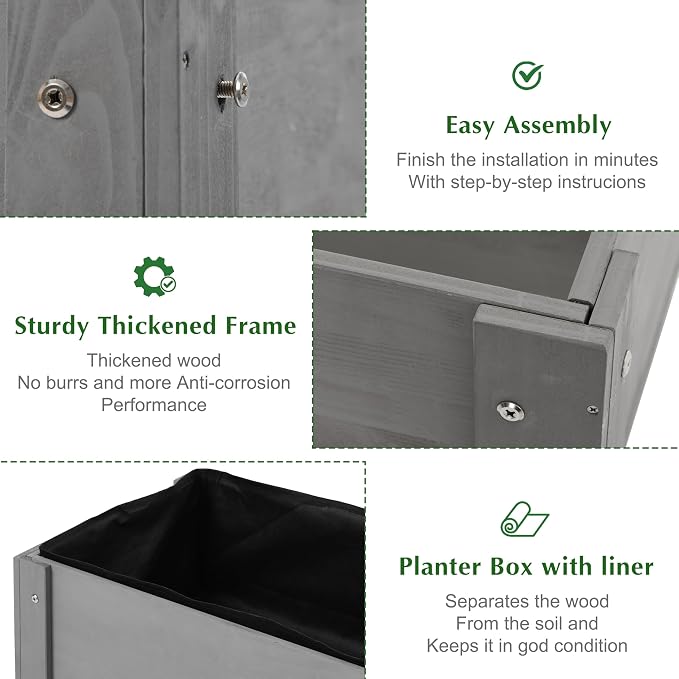 SoliWood Set of 2 Raised Garden Bed with Legs, 31x16x31'', Outdoor Wood Elevated Planter Box, Grey Cedar, Thick Legs, w/Liner