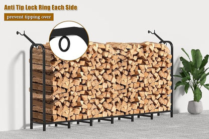 Gtongoko 8ft Heavy Duty Metal Firewood Rack Outdoor Indoor Adjustable Fire Wood Holder Rack for Fireplace, Log Racks for Firewood Outdoor, Wood Pile Storage Organizer, Black