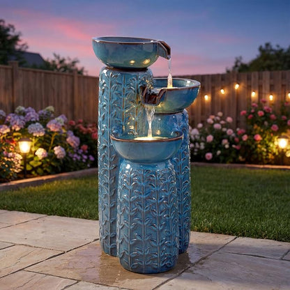 28" H Ceramic Outdoor Water Fountain with LED Lights, 3-Tier Cascading Bowls Water Feature, Tranquil Waterfall for Relaxing Garden, Patio, Yard, or Porch, Turquoise, Embossed Leaf Patterns