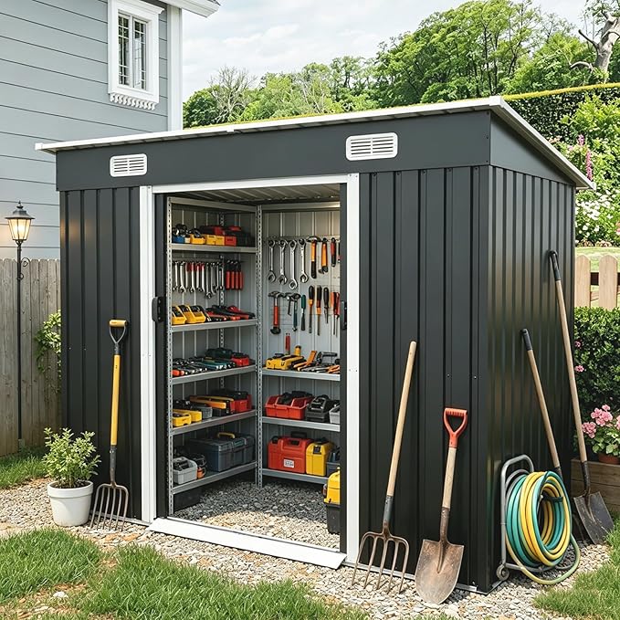YOPTO 8X4 FT Metal Lockable Outdoor Storage Shed W/Air Vents,Black | Galvanized Steel Shed W/ Sliding Lockable Door,Threshold,Sloped Roof,All Weather Waterproof for Garden,Patio,Backyard,Lawn