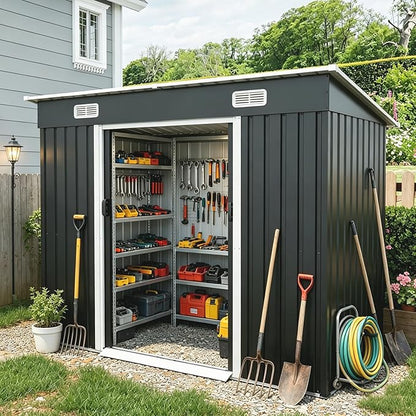 YOPTO 8X4 FT Metal Lockable Outdoor Storage Shed W/Air Vents,Black | Galvanized Steel Shed W/ Sliding Lockable Door,Threshold,Sloped Roof,All Weather Waterproof for Garden,Patio,Backyard,Lawn