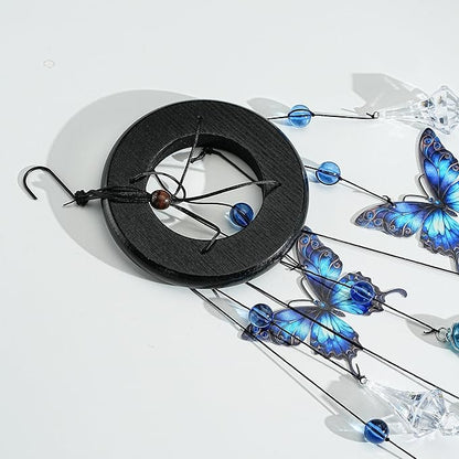 YU FENG Butterfly Memorial Wind Chime, Crystal Suncatcher Outdoor Decor | 27 Inch Metal Hanging Chime, Blue Butterfly Design, Sympathy Remembrance Gift, Garden Yard Patio Decoration