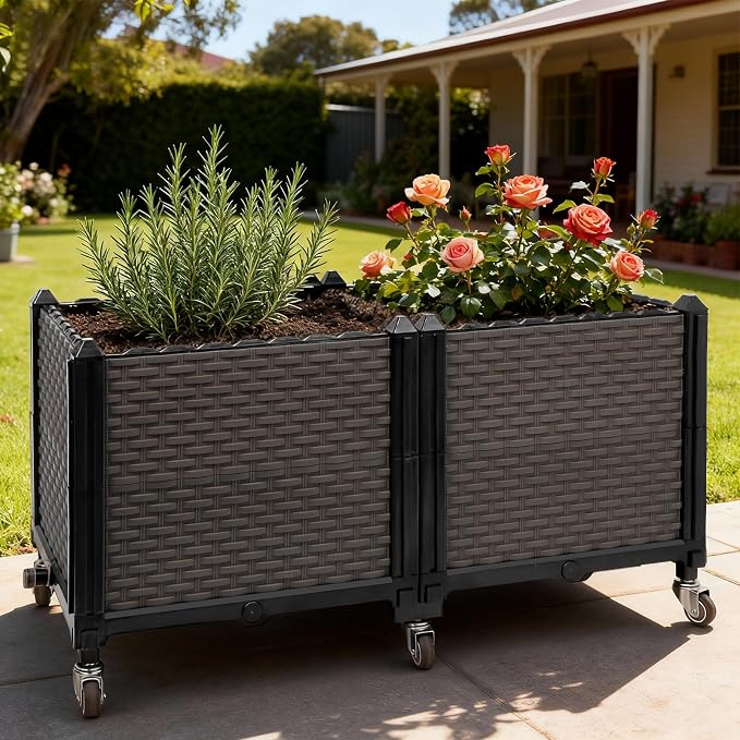 Raised Plant Box with Wheels 31.5"x15.7"x16.1", Raised Beds for Gardening Self Watering, Durable Metal Lockable Casters, Rectangular Garden Planter Perfect for Garden Patio Balcony Deck